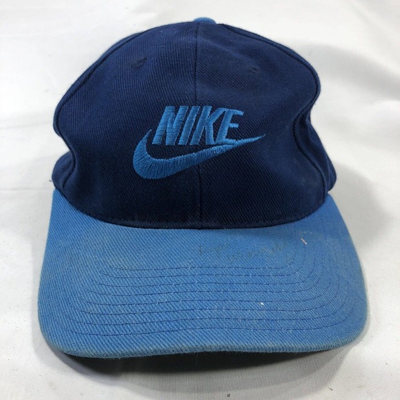 Vintage 90s Nike Swoosh Blue Spell Out Snapback Hat Cap Embroidered One Size OSF - Picture 1 of 12